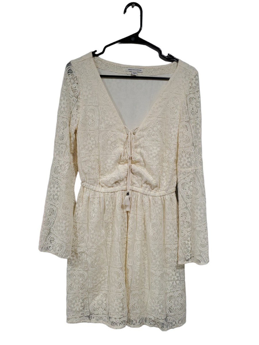 American Eagle Women's Cream Lace Fit & Flare Bell Sleeve Dress Size Small  | eBay