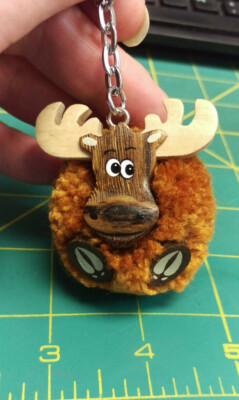 Very Cute Pom Pom style Moose Keychain cool souvenir head & feet made of wood