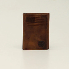 New Ariat Men's Brown TRI-FOLD WALLET w/ Distressed USA Flag  Shield logo