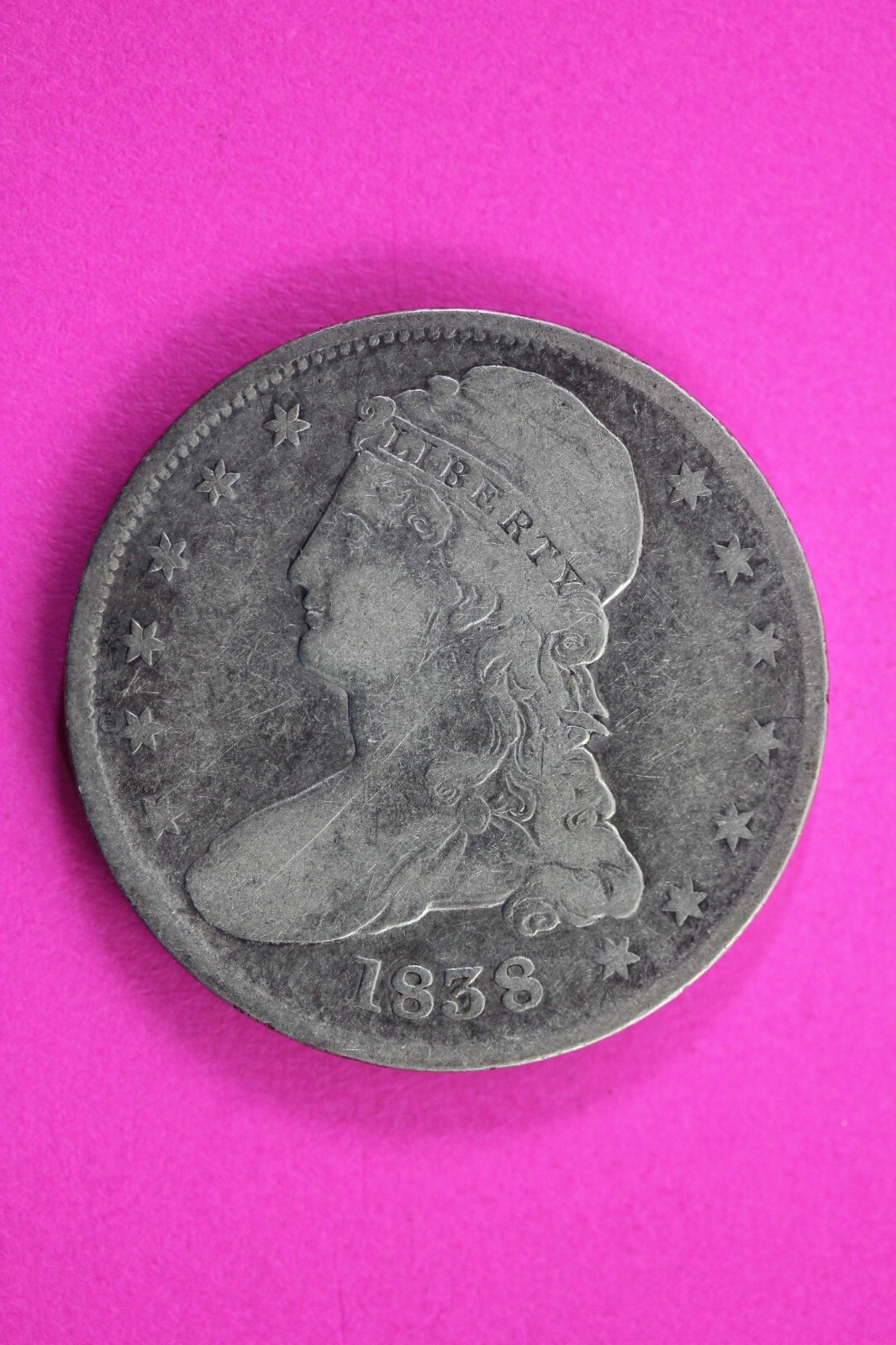 Moneda exacta de medio dólar busto tapado 1838 en fotos plata rara fecha semi clave 35