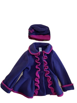 Cute fleece coat jacket girls sz 5 with cap purple and pink warm button up