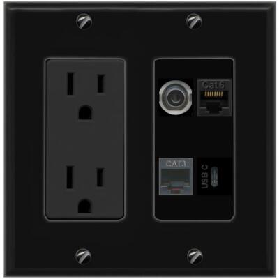 3.5mm CAT6 PHONE USBC Port Wall Plate Black w Power Outlet