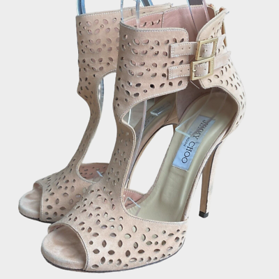 JIMMY CHOO Peach Pink Laser Cut Suede T Strap Peep Toe Sandals