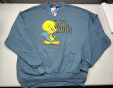 Vintage New 90s Looney Tunes Tweety Bird Sweatshirt Says Who Sz XL Blue Damage