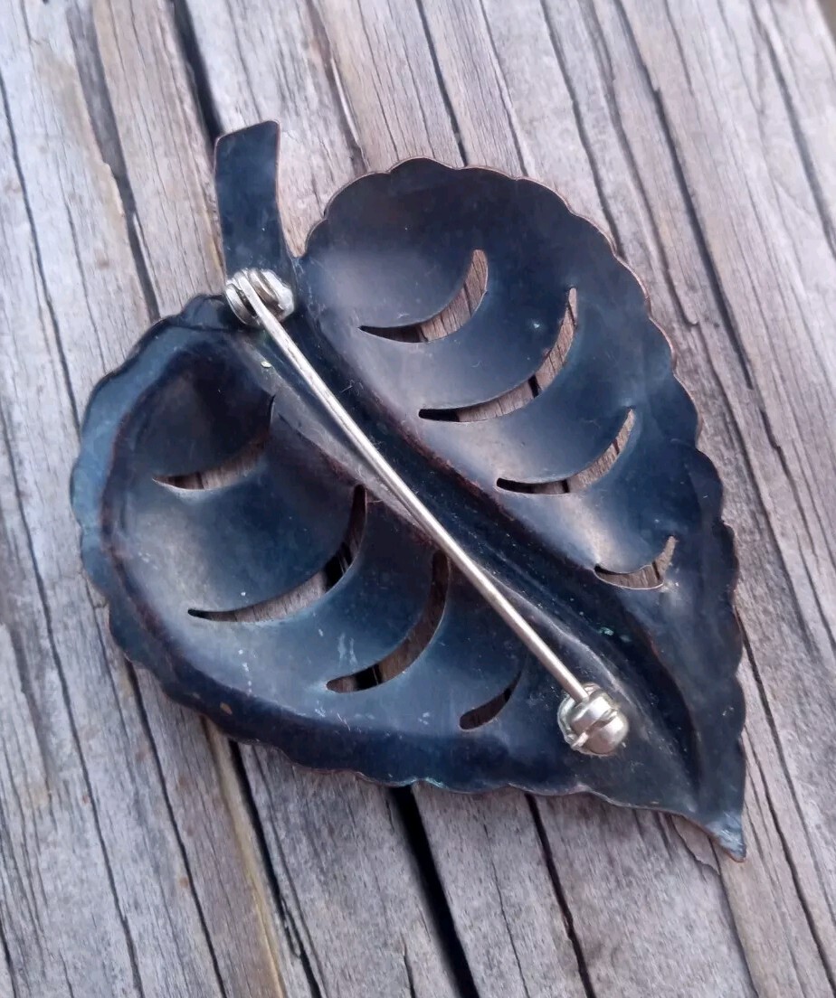 Solid Copper Leaf Brooch Designer Signed Pin - image 2