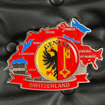 SWITZERLAND METAL FRIDGE MAGNET COUNTRY MAP WITH GENEVE CANTON COAT OF ARM 