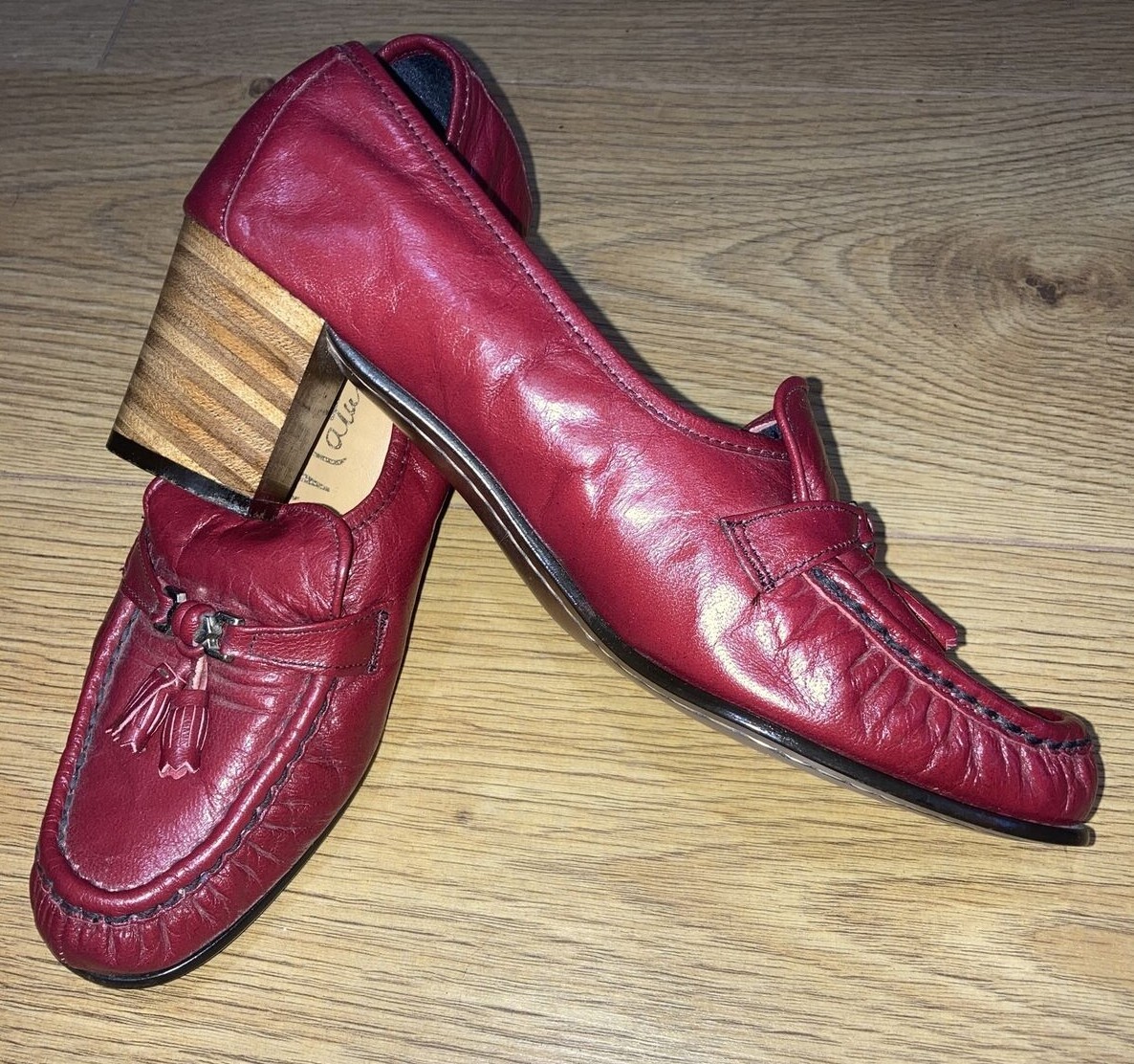 Vintage 1970s/1980s Red Leather Tassel Loafers by Morlands, Stack Heels, UK 5 4