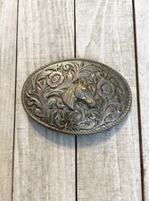 Horse Flower Themed Silver Tone Belt Buckle Unsigned E13