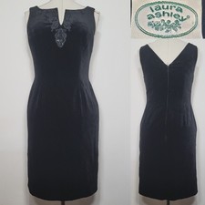 Laura Ashley Vintage Dress Black Velvet Embroidered Beaded Neck Size 12