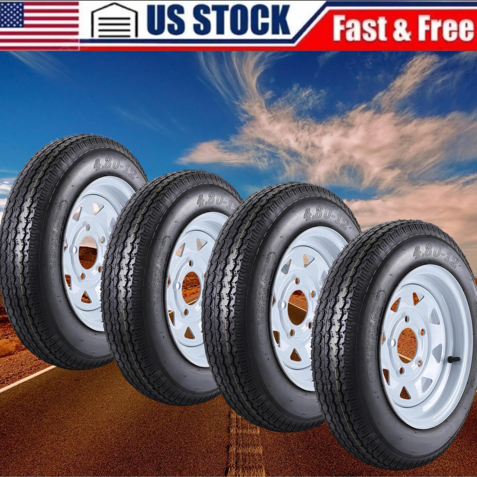 🔥4-Pack 4.80-12 Trailer Tires and Wheels with 12" Rims 5 Lug on 4.5" White Spok