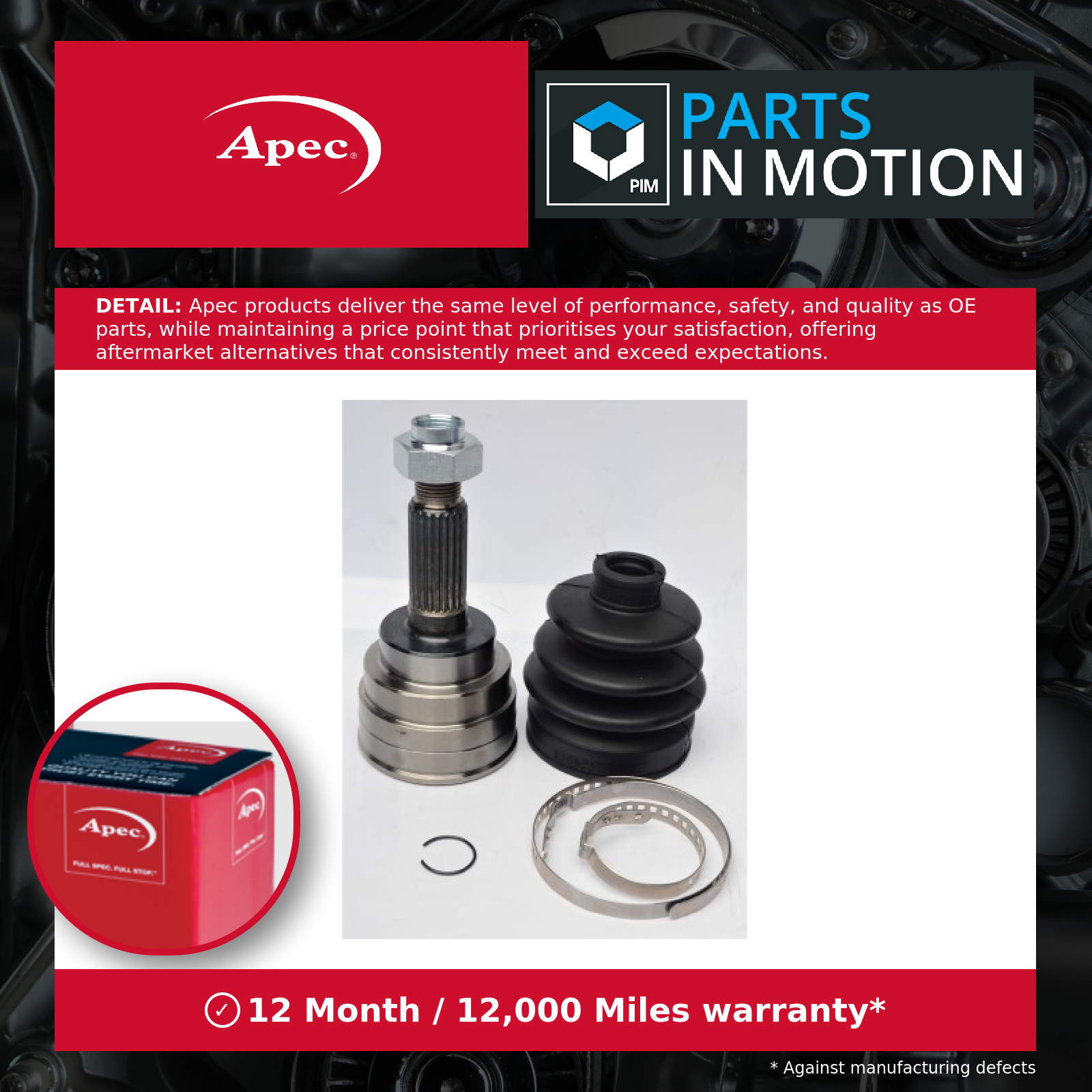 CV Joint Front Outer ACV1226 Apec C.V. Driveshaft Genuine Top Quality Guaranteed