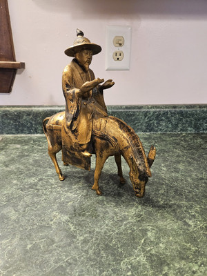 Chinese Scholar Rides Mule Donkey Horse Cast Iron Sculpture Figure Bronze Finish