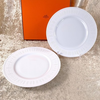 Hermes Paris Egee Dessertteller 23 cm Porzellan weiß Geschirr 2er Set mit Etui