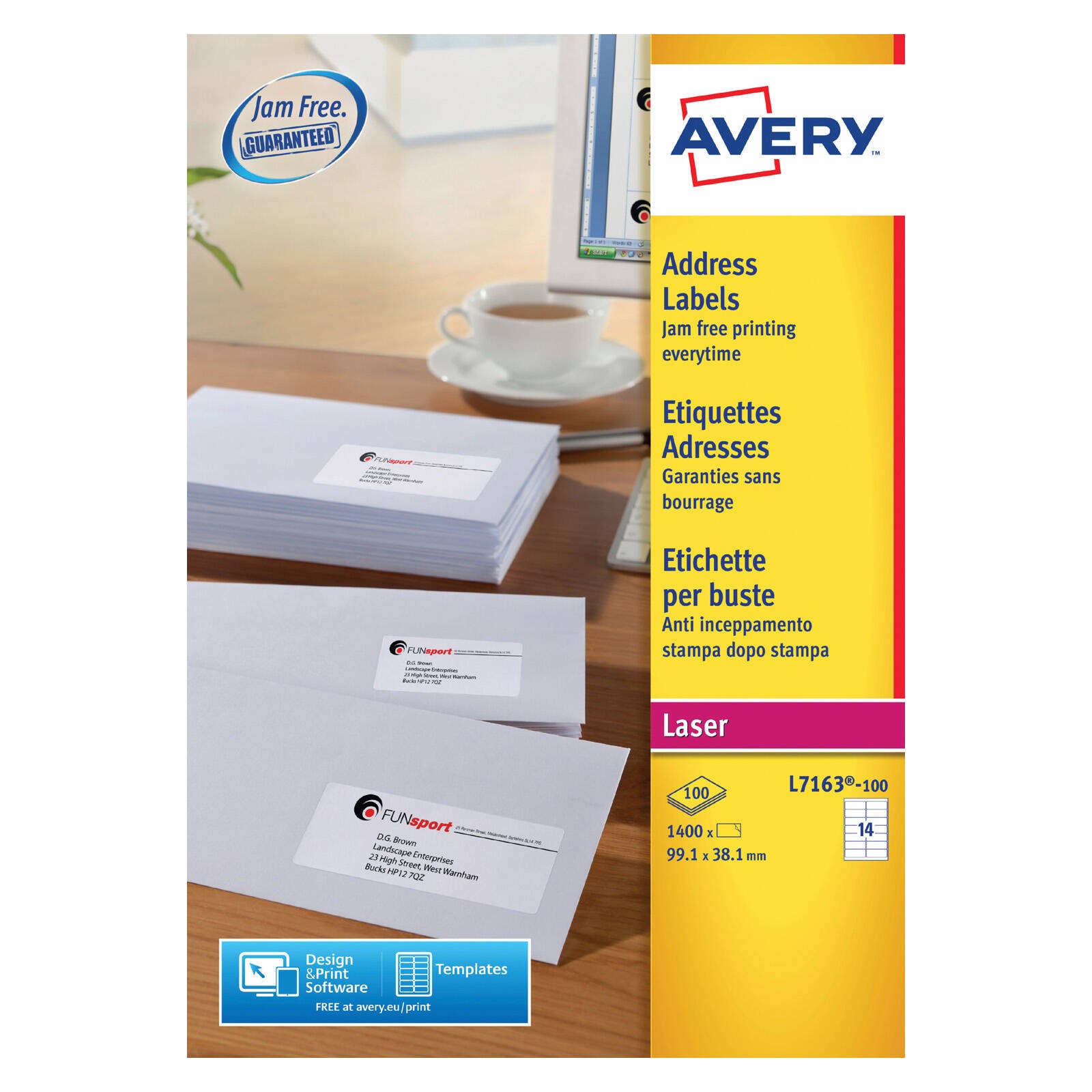 Avery White 99.1x38.1mm Laser Address Labels / 14 Per Page /100 Sheets L7163-100
