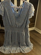 Blue Floral A-Line Knee Length Women's Dress V-Neck Ruffle Flutter Sleeve