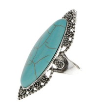 Anello Da Dito Lungo Con Incisione Di Turchese Ovale Etnico Tibetano Della