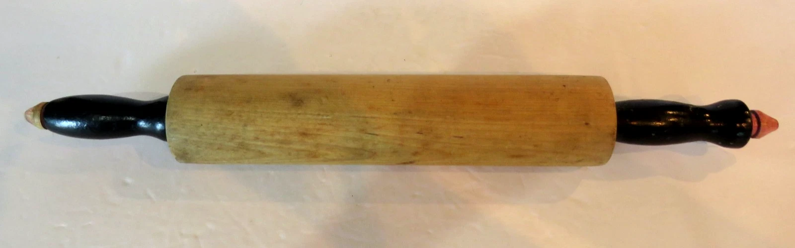 Vtg Wood Rolling Pin Black Handles Worn Pink Ends 20" Length Farmhouse Kitchen