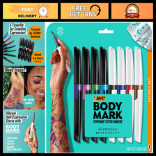 Temporary Tattoo Markers Set - 8 Assorted Colors, Mixed Tip, Skin-Safe, Cosmetic