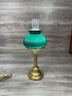 Vintage Brass Hurricane Student Library Table/Desk Lamp Green Milk Glass Shade