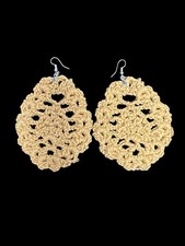 Beige Crochet Yarn Oval Dangle/Drop Earrings Hook Closure Handcrafted 3 in