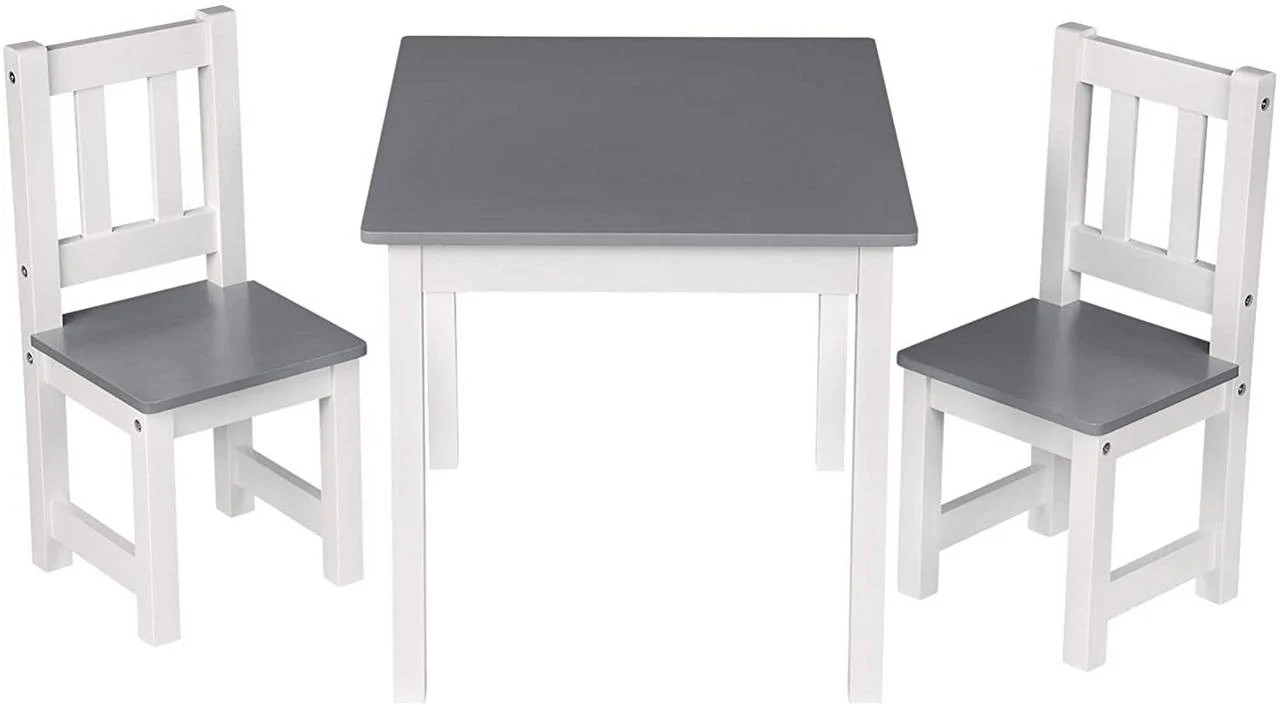 Table pour enfants avec 2 chaises blanc-gris design minimaliste en bois