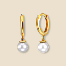 14K Yellow Gold Pearl Huggie Hoop Earrings Solid Real Gold 1.75g Tehrani