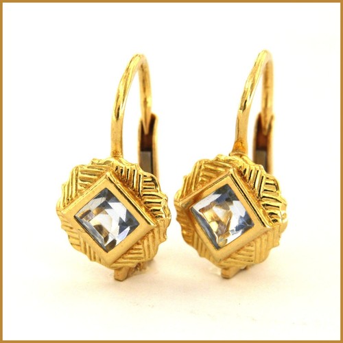 Boucles d'oreilles pendantes véritable or jaune 750 18 carats avec topaze bleue brise Italie vintage