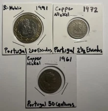 Lot of Three Carded Portugal Coins 1961-91. Check Description