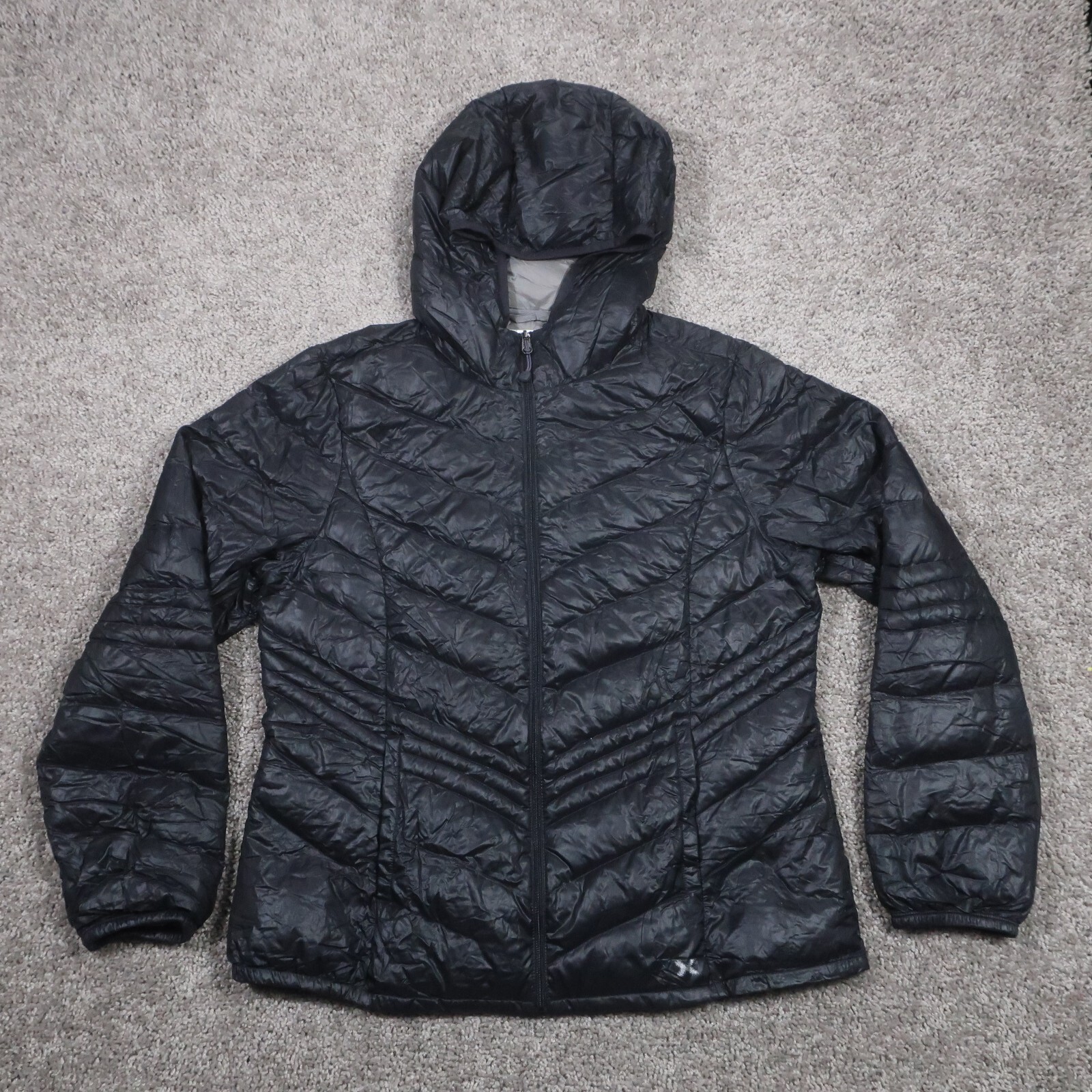 Xersion Down Puffer Jacket Womens L Black Full Zip Hooded Lightweight