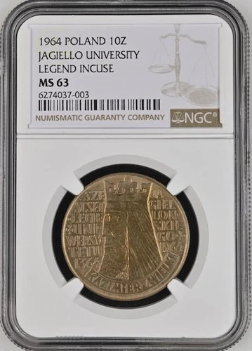 Poland 10 Zlotych 1964 MW NGC MS 63 UNC Copper Nickel  University, Incuse