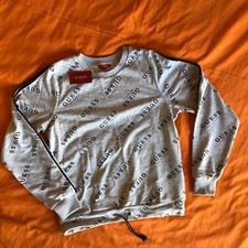 GUESS Women  s Crew Sweatshirt Gray with logo Throughout Size M Mostly Cotton