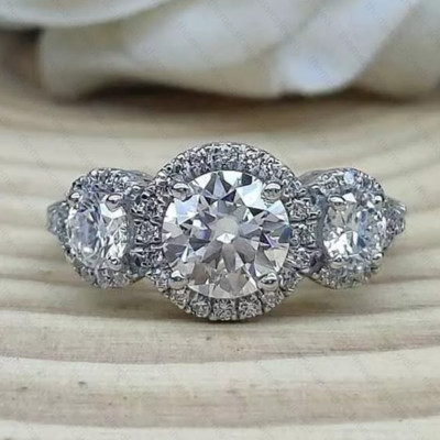 3.05TCW Round Cut Moissanite Three Stone Engagement Ring 14k White Gold Plated