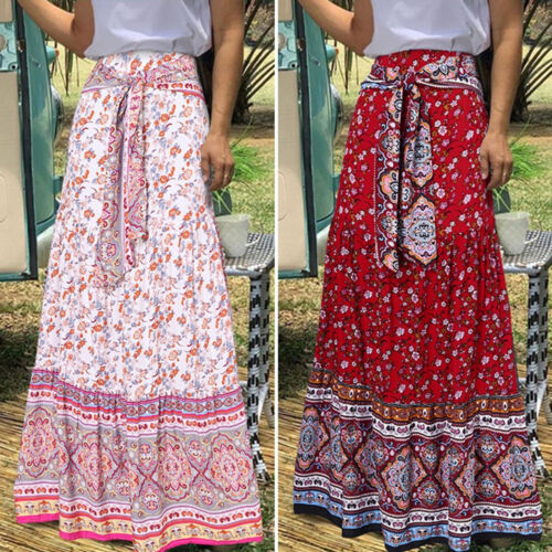 Maxi Skirt High Waist Dressing Up Boho Floral Large Hem Holiday Skirt Comfy - Picture 1 of 15