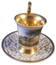 Antique 1830s KPM Berlin Porcelain Sanssouci Scene Cup & Saucer Porzellan Tasse