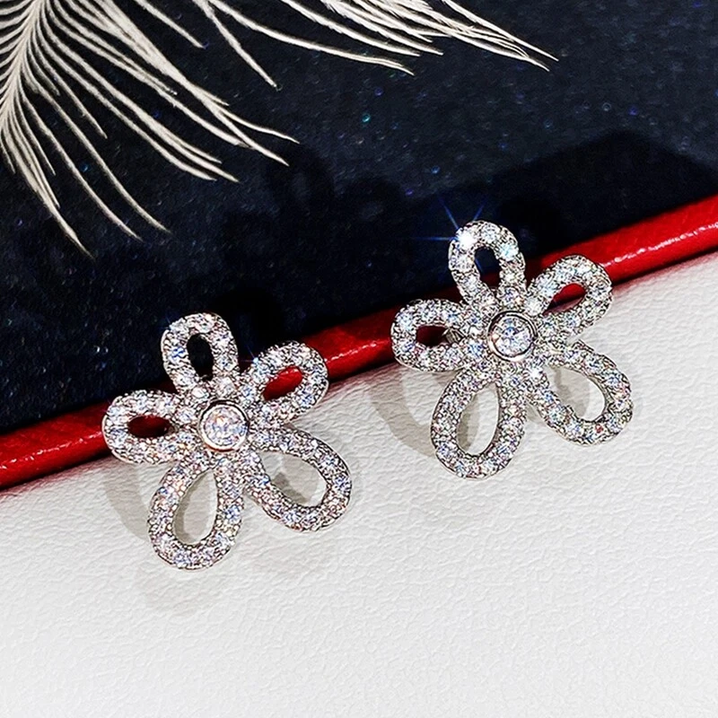 Clip On Big Crystal Rose Earrings Rhinestone Silver Plated Vintage