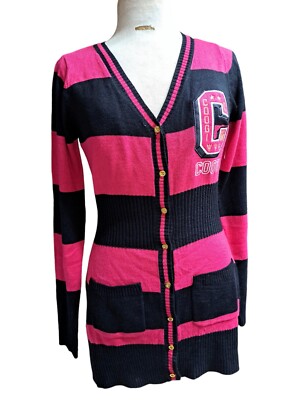 Coogi Cardigan Sweater Women L Pink Black Striped Vintage Retro