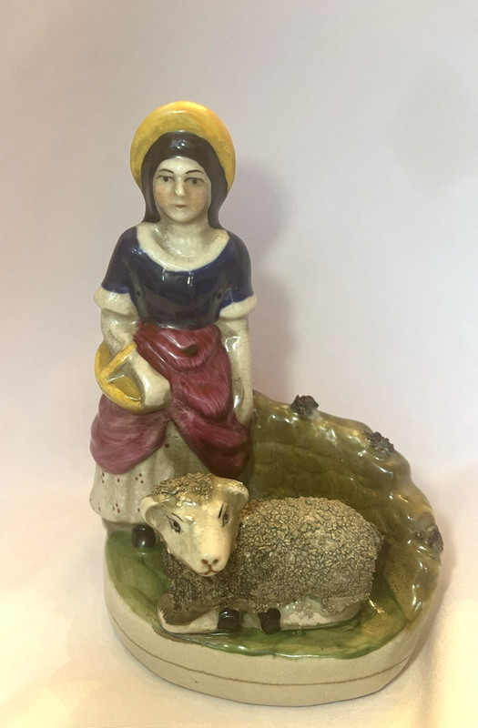 Staffordshire Style  6"+ Full Figurine Shepherdess & Recumbent Sheep
