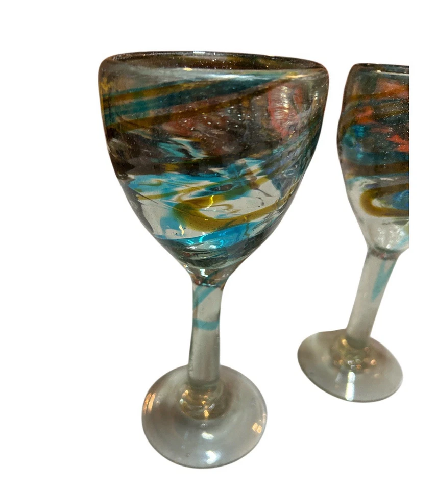 手工吹制蓝色旋转葡萄酒/高脚杯玻璃杯 7.5 英寸 3 件套 — 第 4/4 张图片