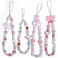 4 Pcs Cute Phone Charm Pink Beaded Wrist Strap Beaded keychain wristlet Y2k