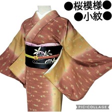 Vintage Brown Cherry Blossom Blurred Stripes Kimono with Floral Crepe Japan