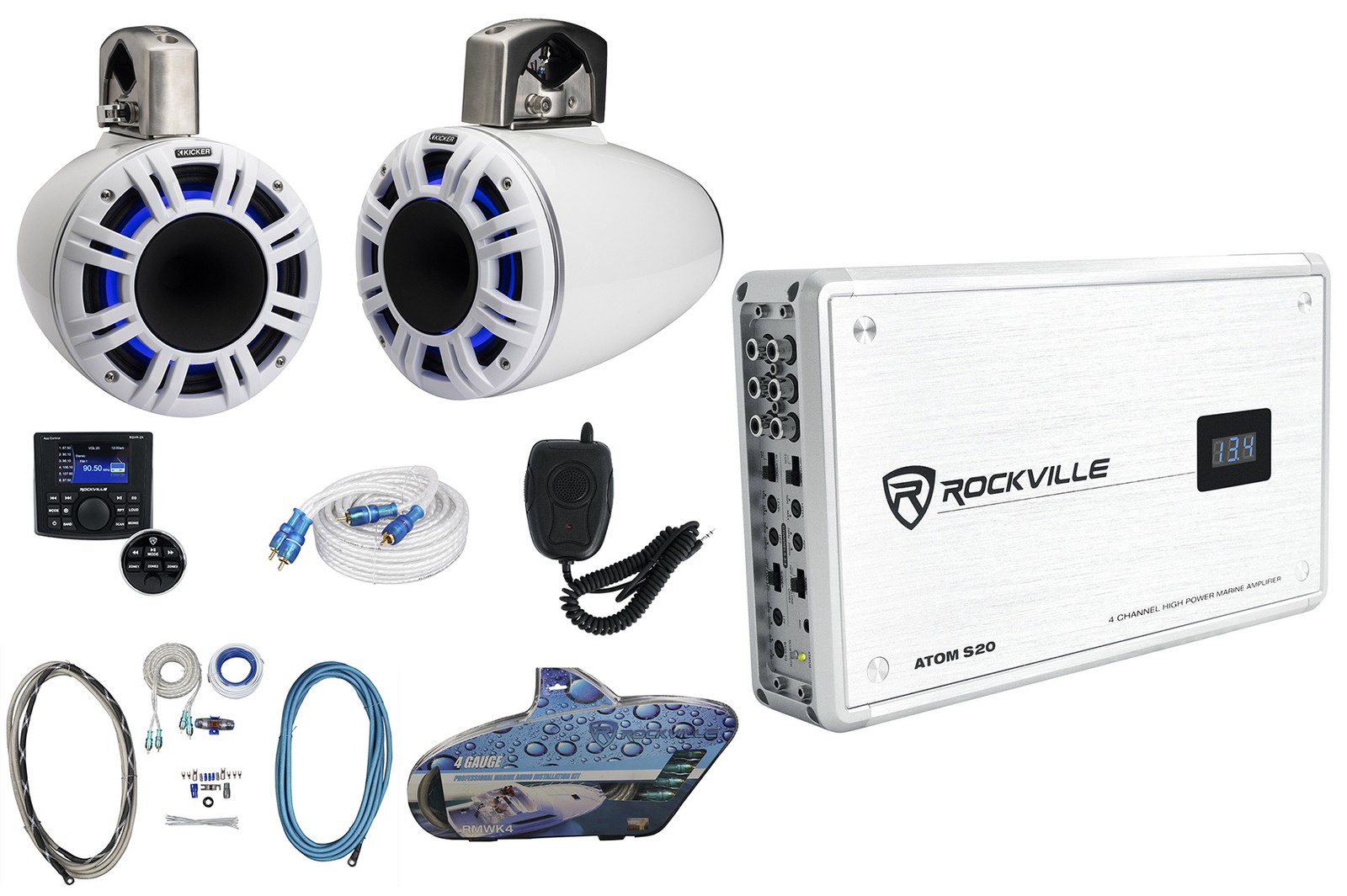 4) Kicker 51KMTCXL8W 8" White Marine Wakeboard Tower Speakers+Receiver+Amplifier