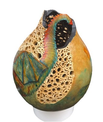 【中古】 Carnevale DeOrganographia Painted/carved/pyrography dragon Gourd sculpture About 12” Tall