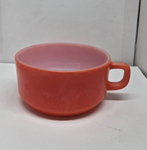 Vintage Fire-King Anchor Hocking D Handle Soup Chili Mugs Milk Glass Orange Red