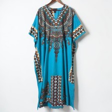 Ashro African Caftan One Size Womens Full Length Long Blue Hand Painted Tribal