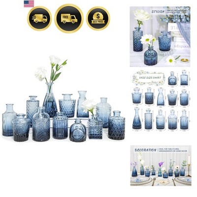 Glass Bud Vase Set of 12, Small Blue Flower Vases for Centerpieces in Bulk, M...