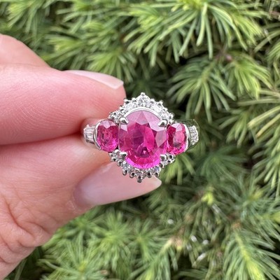 Platinum 2.15ctw GIA Oval Bright Burma Ruby & Round Baguette Diamond Ring