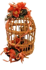Decorative Bamboo and Silk Floral Hanging Bird Cage House 14" High
