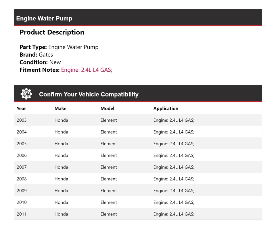 Para Honda Element 2003-2011 2,4 L L4 Motor Gas Bomba Agua Puertas 2004 2005 2006 Foto 2 de 4
