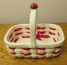 Enesco Designed Giftware 1986 White Basket with Red Ribbon and Red Ladybug