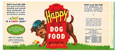 ORIGINAL VINTAGE CAN LABEL DOG CAT PET FOOD 1956 HAPPY HYDRANT